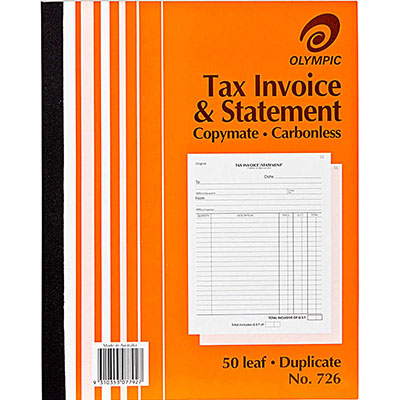 TAX INVOICE  STATEMENT BOOK OLYMPIC 726 140874 INVOICE AND STATEMENT BOOK CARBONLESS DUPLICATE 250 X 200MM 50 LEAF EACH1 PACK5