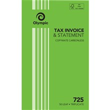 TAX INVOICE & STATEMENT BOOK OLYMPIC 725 140871 TAX INVOICE AND STATEMENT BOOK CARBONLESS TRIPLICATE 200 X 125MM 50 LEAF