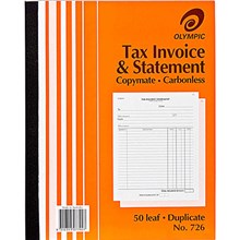 TAX INVOICE & STATEMENT BOOK OLYMPIC 726 140874 INVOICE AND STATEMENT BOOK CARBONLESS DUPLICATE 250 X 200MM 50 LEAF (EACH=1) (PACK=5)